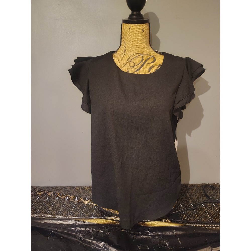 Milk & Honey Women Black Flutter Sleeve Ruffle Blouse Top Large NWT